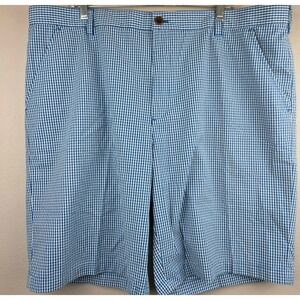 IZOD Golf Shorts Mens 42 Blue White Gingham Check Flat Front